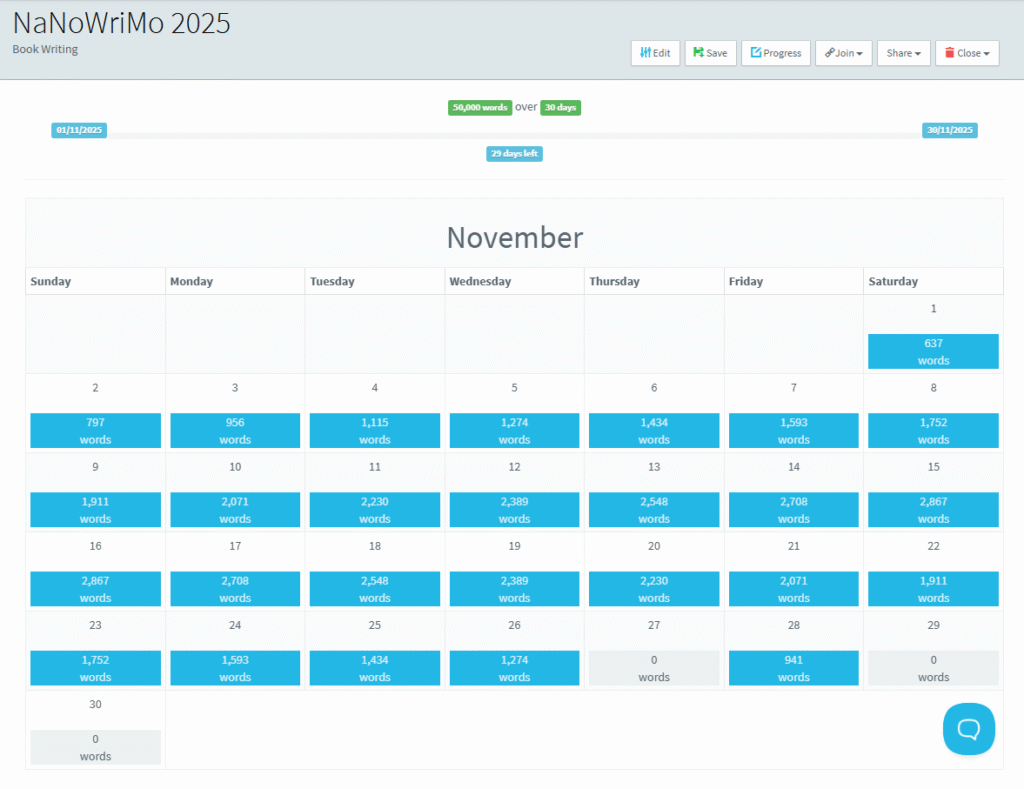 PaceMaker chalander layout with writing goals set for each day as an example of customization.
